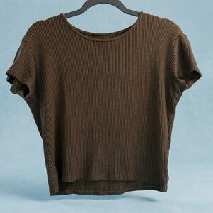 VTG Women's Army Green Ribbed Top Thick Knit Materiel Stretchy Cropped Crew Sz M